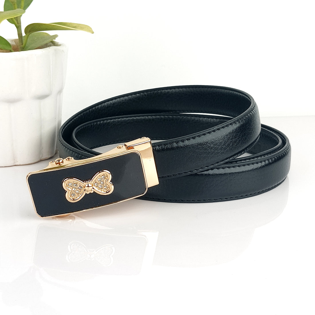 Hemener Girls Metal Auto Grip Buckle Black Vegan Leather Belt