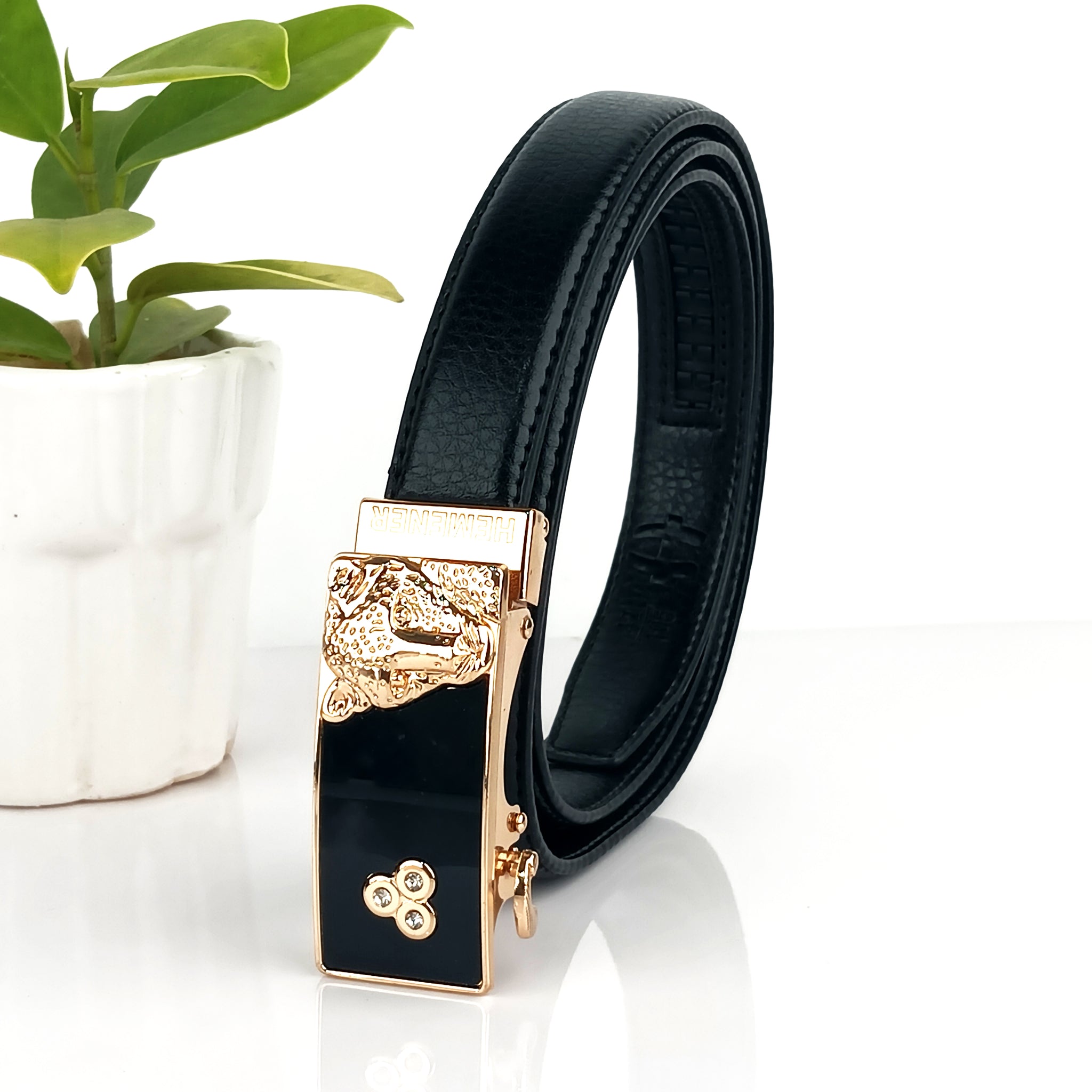 Hemener Girls Metal Auto Grip Buckle Black Vegan Leather Belt