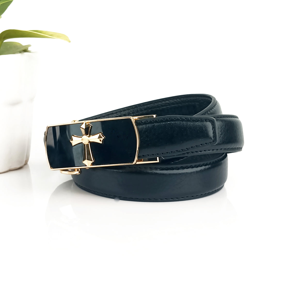 Hemener Girls Metal Auto Grip Buckle Black Vegan Leather Belt