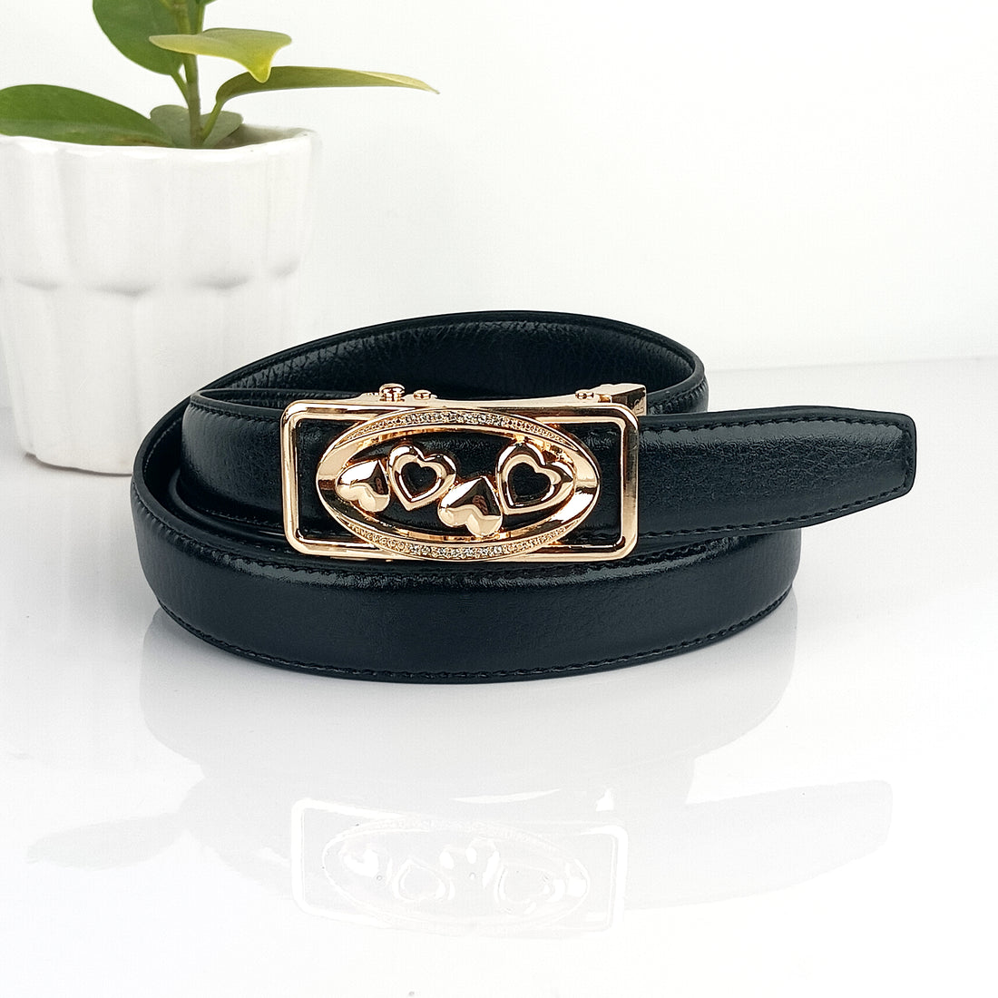 Hemener Girls Metal Auto Grip Buckle Black Vegan Leather Belt