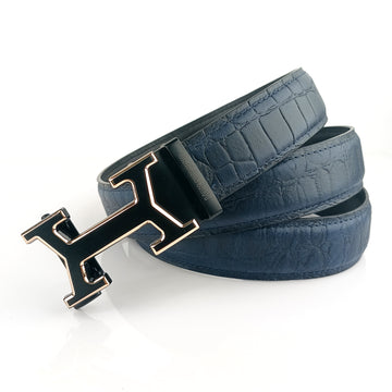 Hemener Men Blue Croc Pattern Genuine Leather Belt