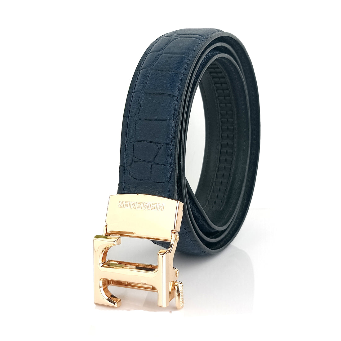 Hemener Men  T  Letter Metal Auto Grip Buckle Blue Croc Pattern Genuine Leather Belt