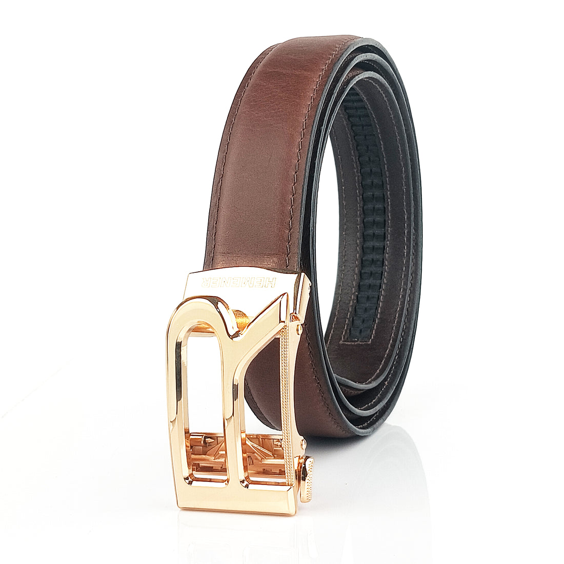 Hemener Men R  Letter Metal Auto Grip Buckle Brown Genuine Leather Belt