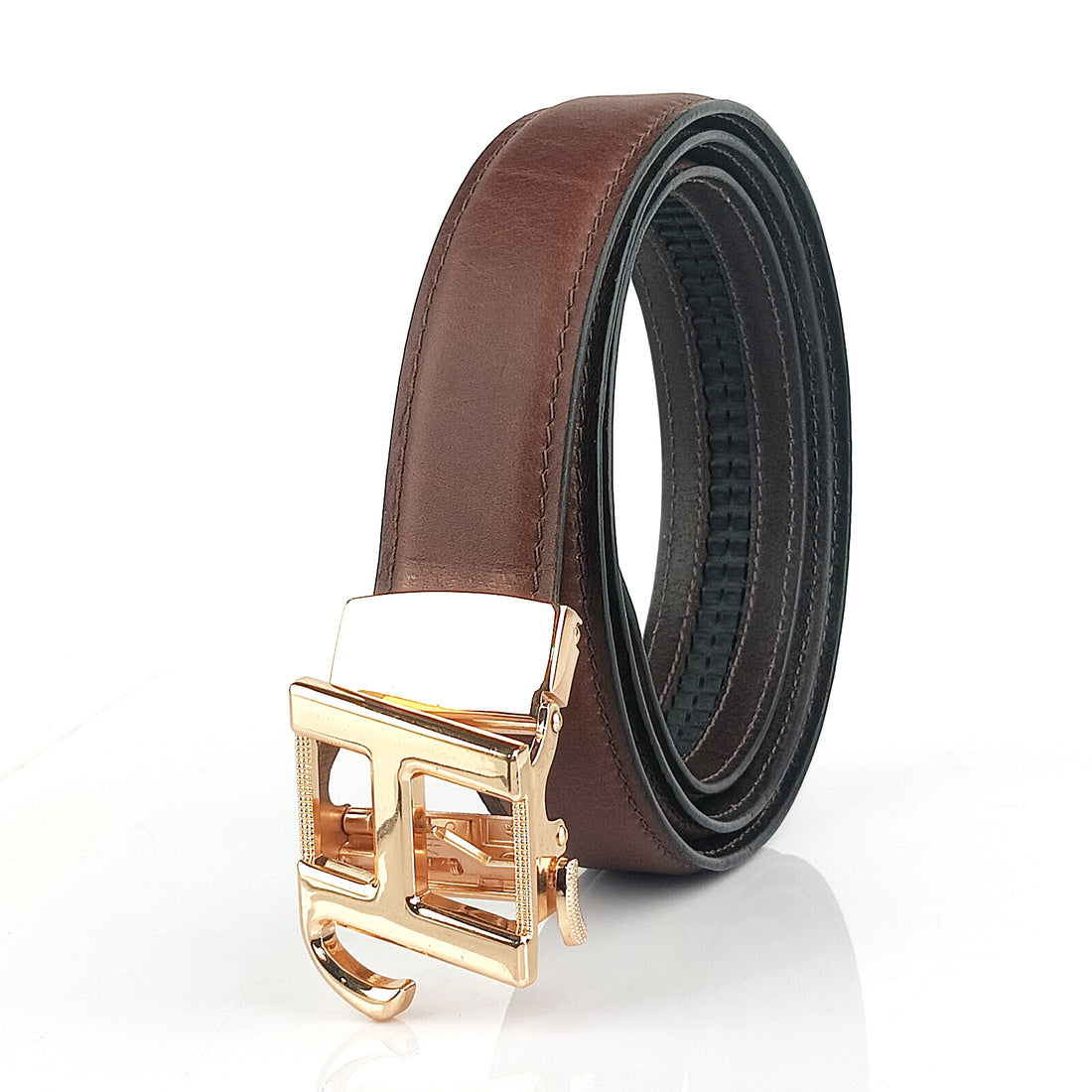 Hemener Men H  Letter Metal Auto Grip Buckle Brown Genuine Leather Belt