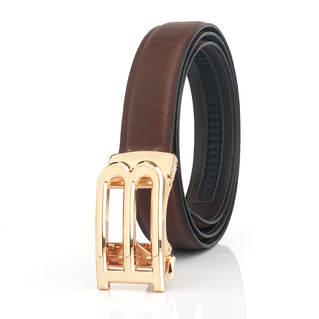 Hemener Men B  Letter Metal Auto Grip Buckle Brown Genuine Leather Belt