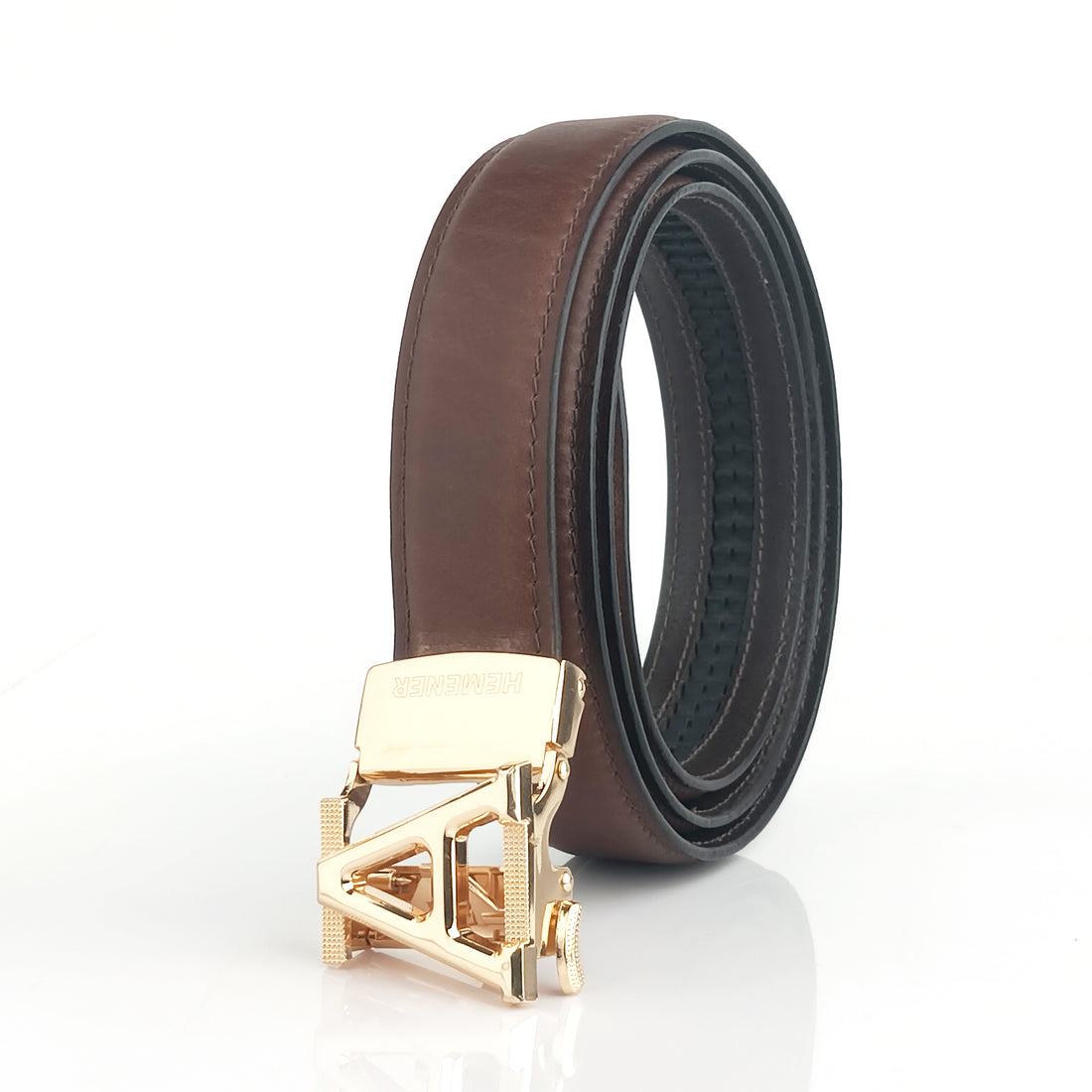 Hemener Men A  Letter Metal Auto Grip Buckle Brown Genuine Leather Belt