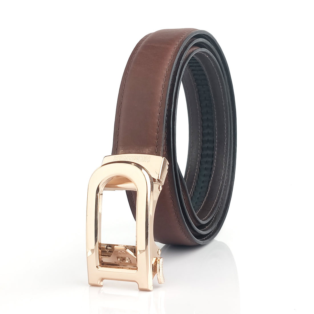 Hemener Men D  Letter Metal Auto Grip Buckle Brown Genuine Leather Belt