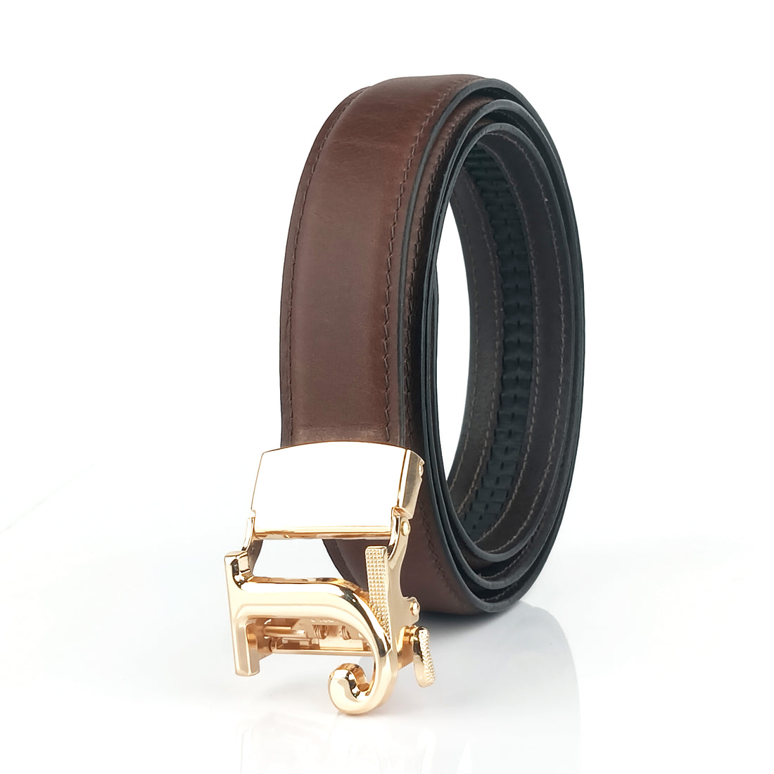 Hemener Men J  Letter Metal Auto Grip Buckle Brown Genuine Leather Belt