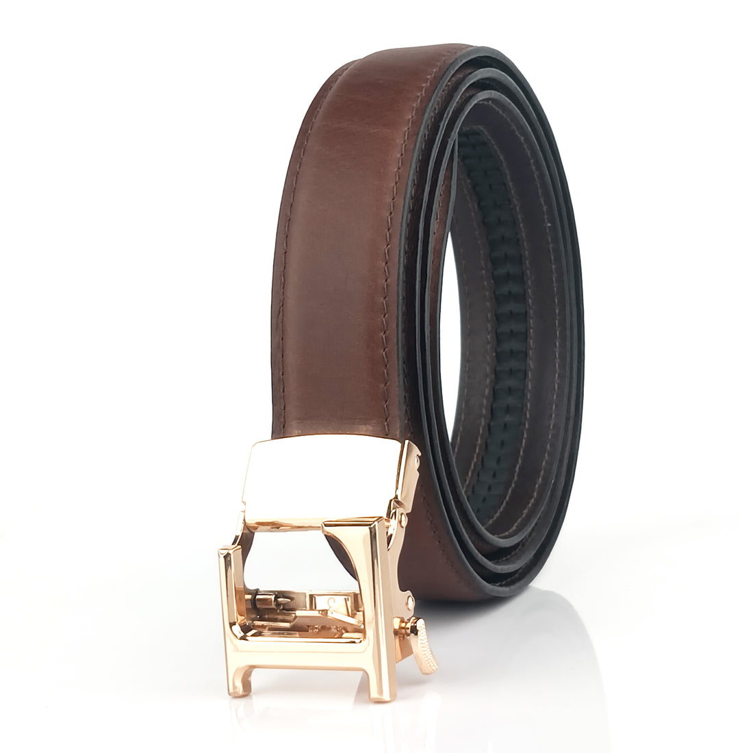 Hemener Men L  Letter Metal Auto Grip Buckle Brown Genuine Leather Belt