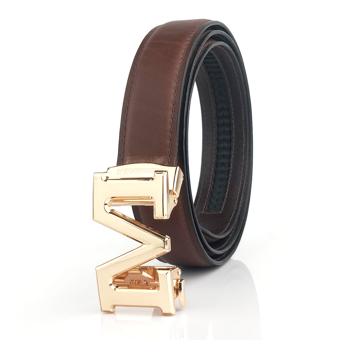 Hemener Men M  Letter Metal Auto Grip Buckle Brown Genuine Leather Belt