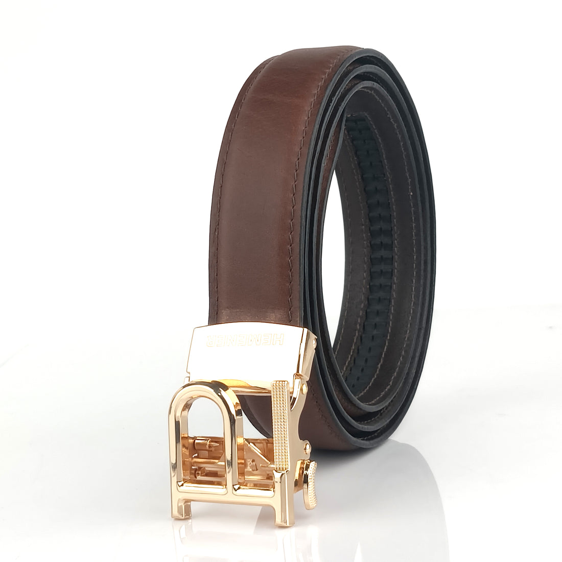 Hemener Men P  Letter Metal Auto Grip Buckle Brown Genuine Leather Belt