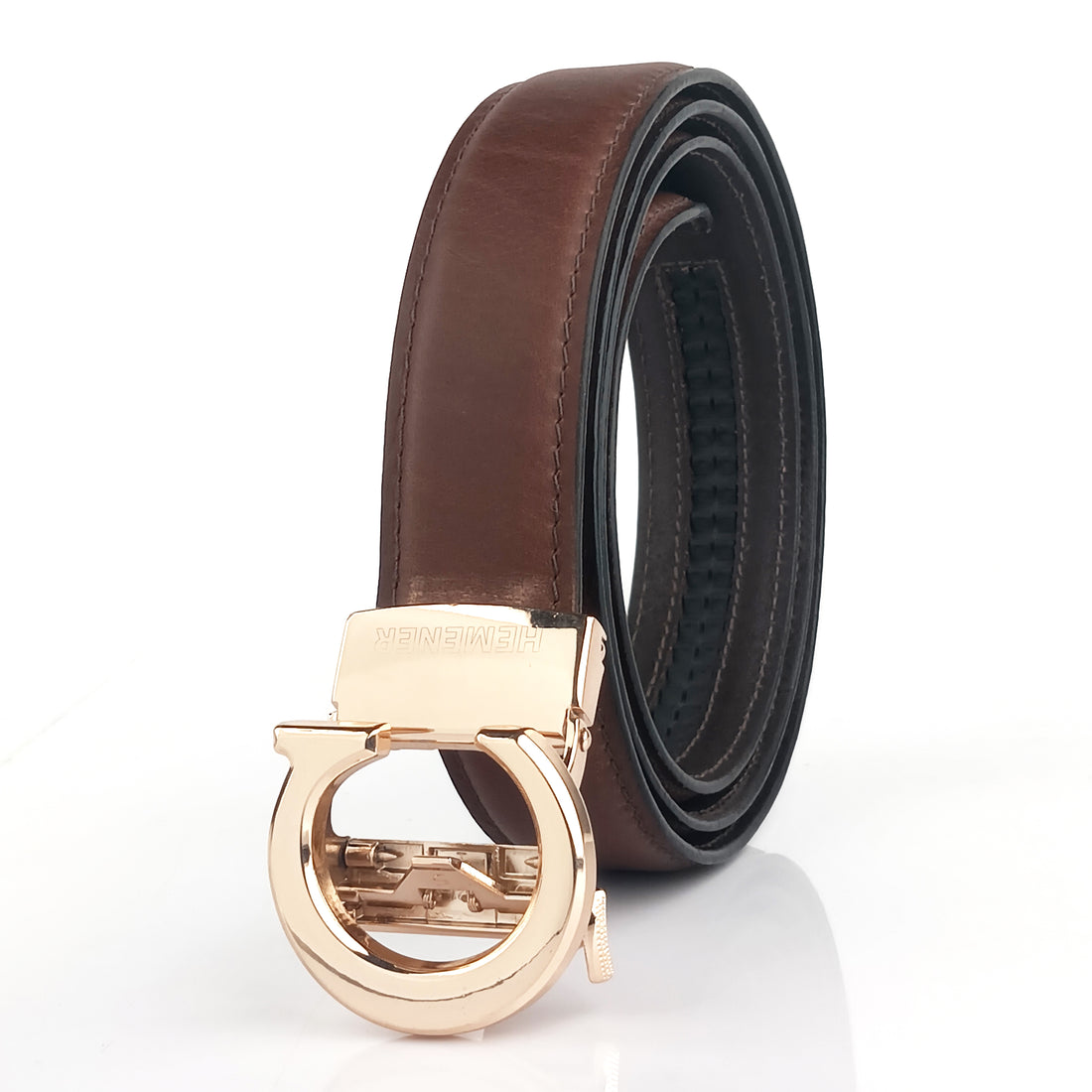 Hemener Men C  Letter Metal Auto Grip Buckle Brown Genuine Leather Belt