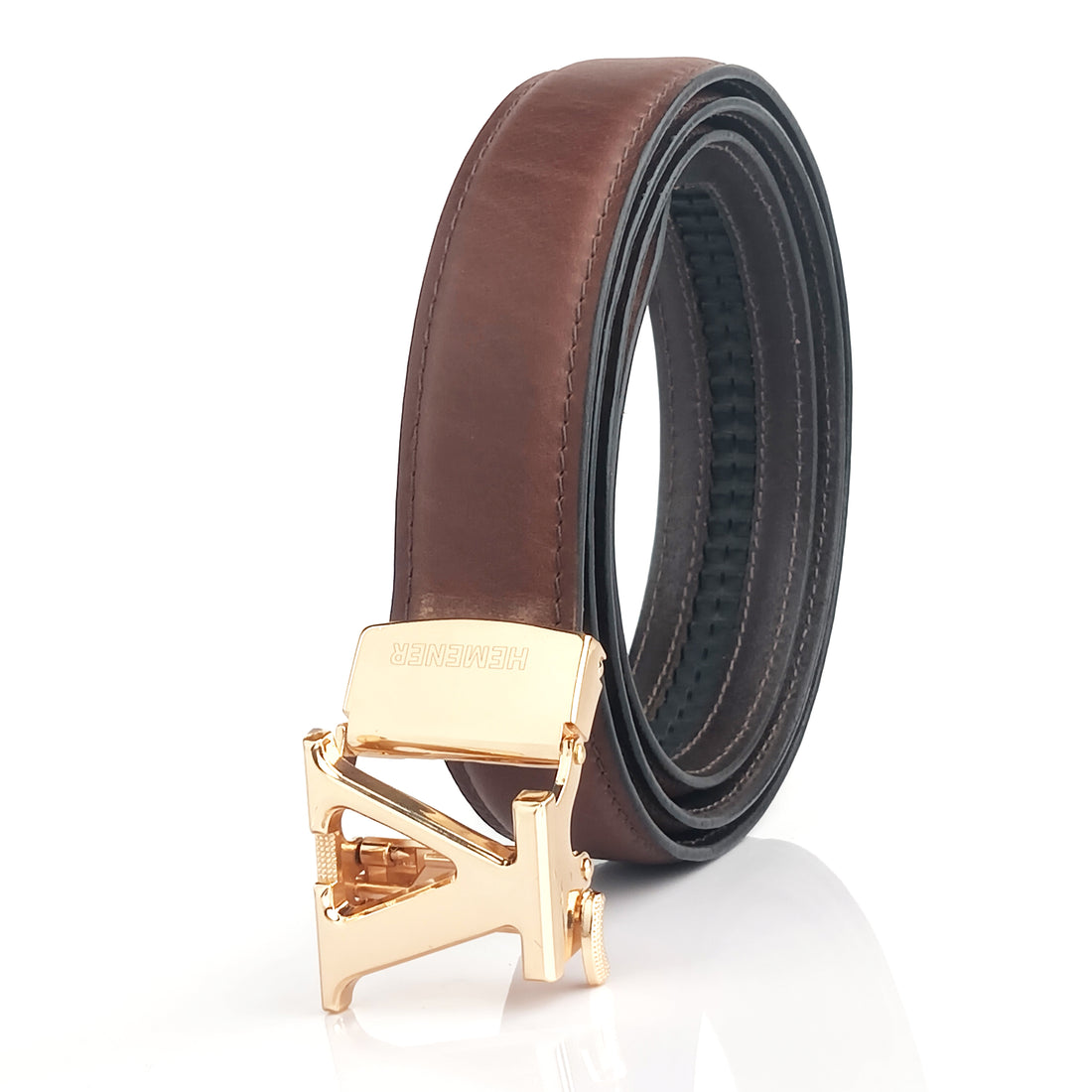 Hemener Men V  Letter Metal Auto Grip Buckle Brown Genuine Leather Belt