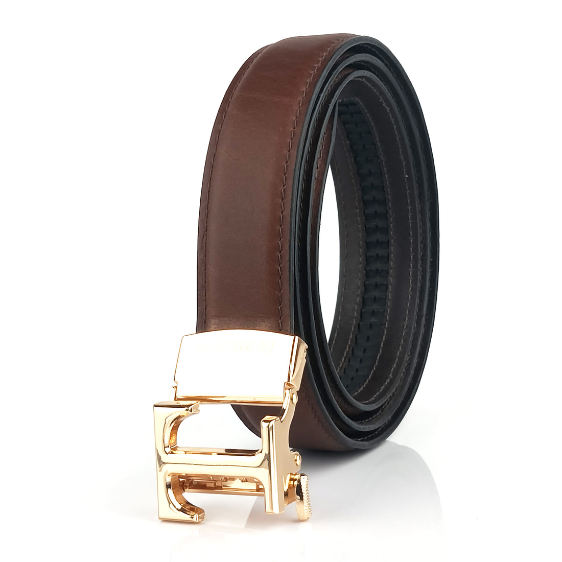 Hemener Men T  Letter Metal Auto Grip Buckle Brown Genuine Leather Belt