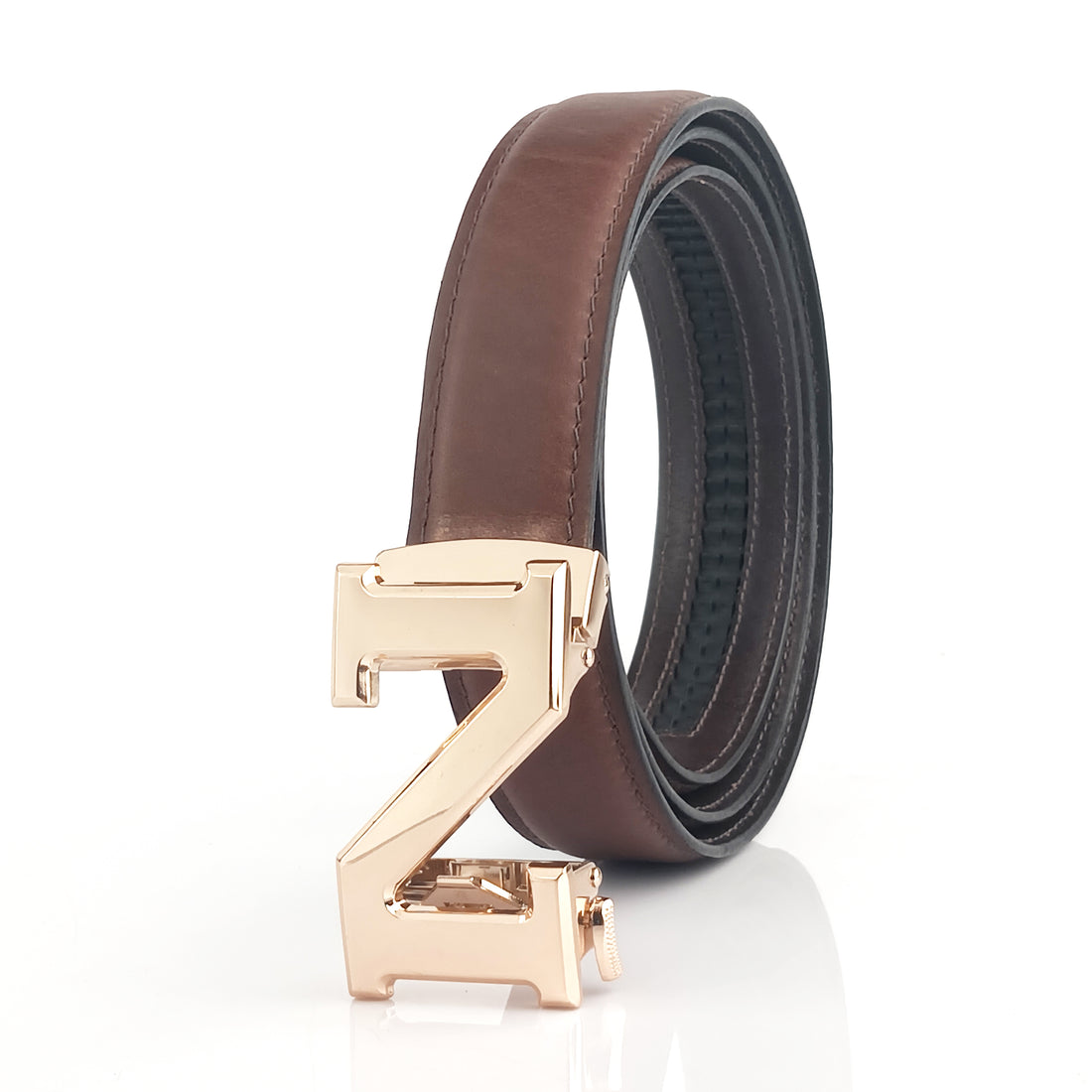 Hemener Men N  Letter Metal Auto Grip Buckle Brown Genuine Leather Belt