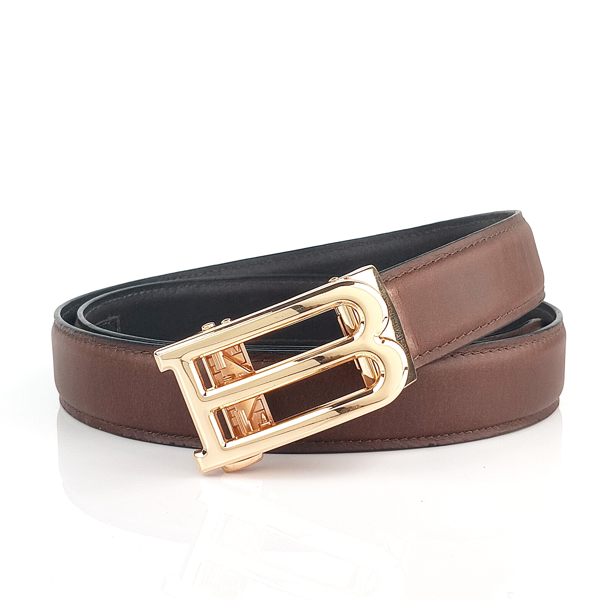 Hemener Men B  Letter Metal Auto Grip Buckle Brown Genuine Leather Belt