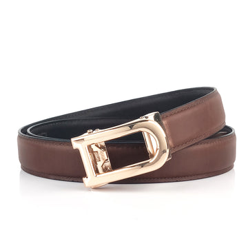 Hemener Men D  Letter Metal Auto Grip Buckle Brown Genuine Leather Belt