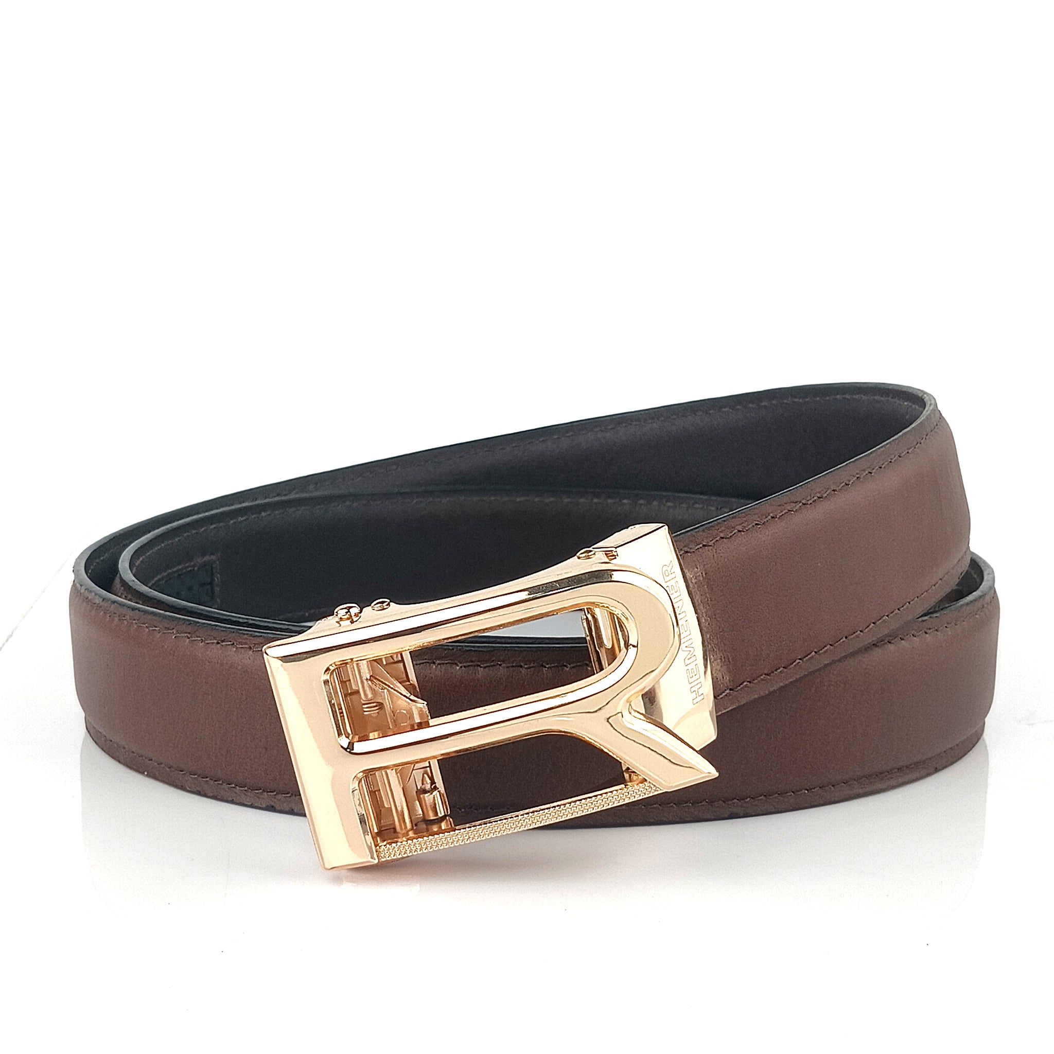 Hemener Men R  Letter Metal Auto Grip Buckle Brown Genuine Leather Belt