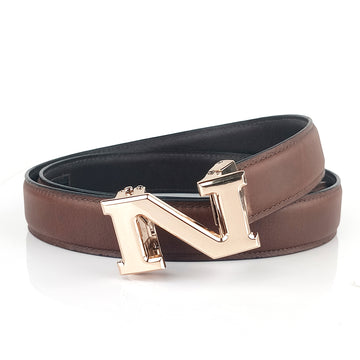 Hemener Men N  Letter Metal Auto Grip Buckle Brown Genuine Leather Belt