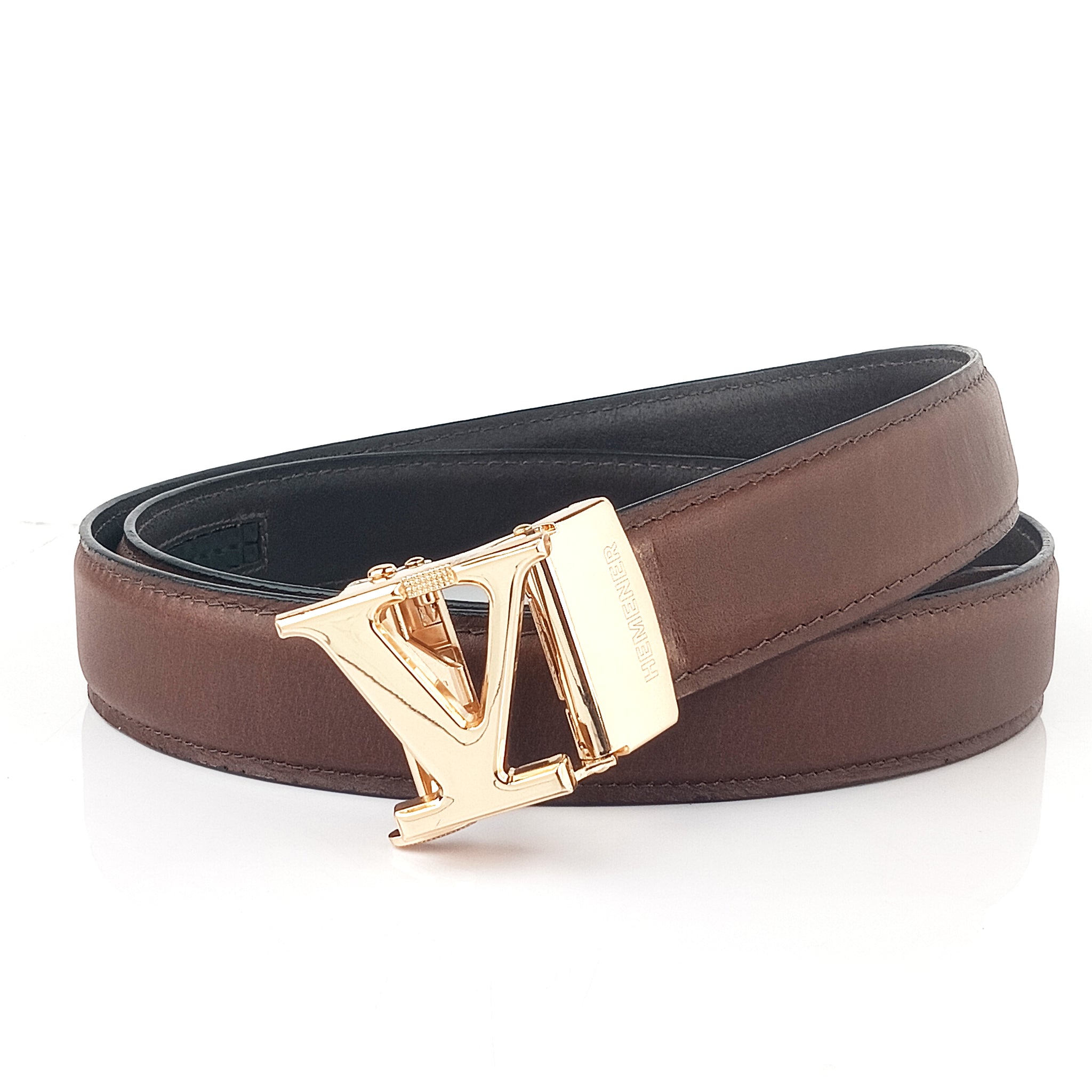 Hemener Men V  Letter Metal Auto Grip Buckle Brown Genuine Leather Belt