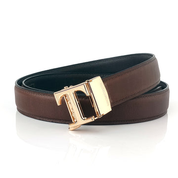 Hemener Men T  Letter Metal Auto Grip Buckle Brown Genuine Leather Belt