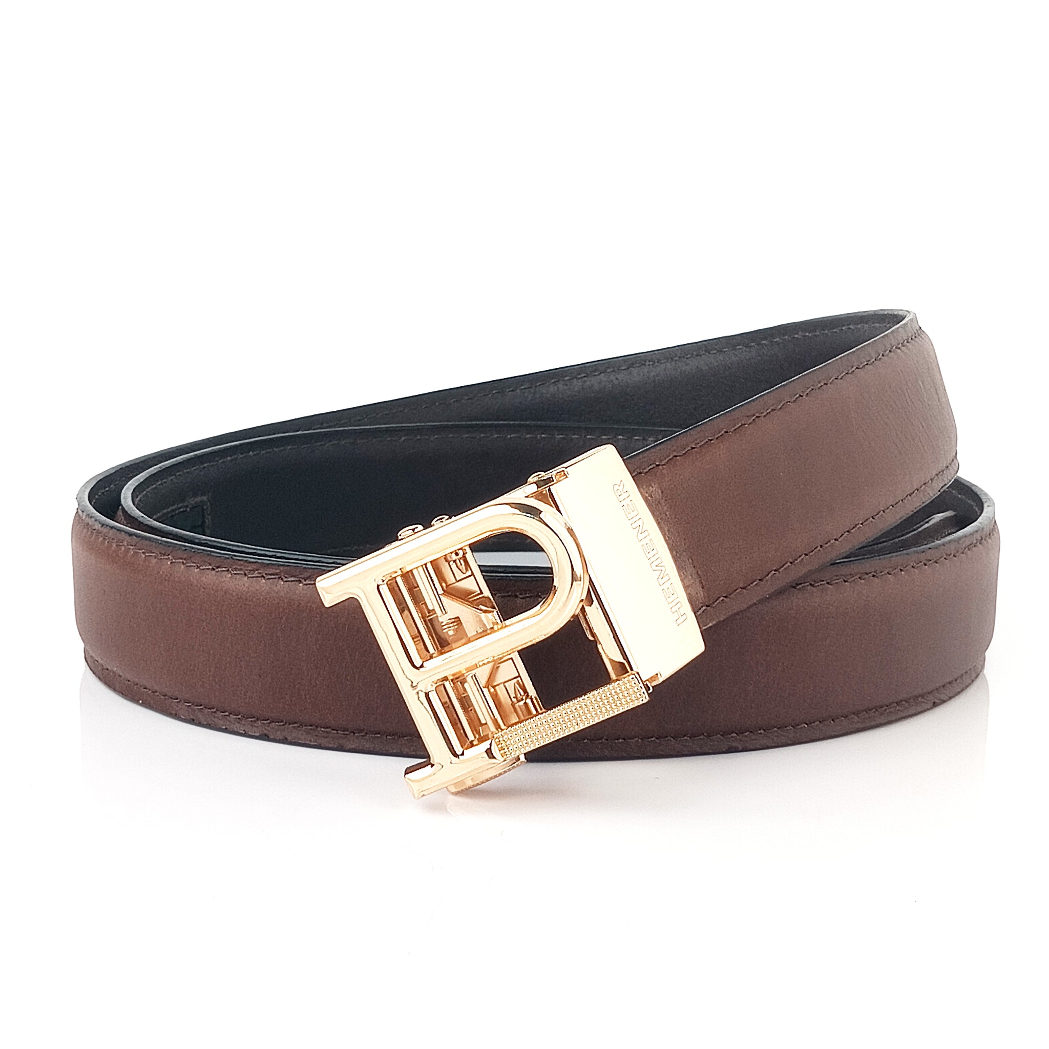 Hemener Men P  Letter Metal Auto Grip Buckle Brown Genuine Leather Belt