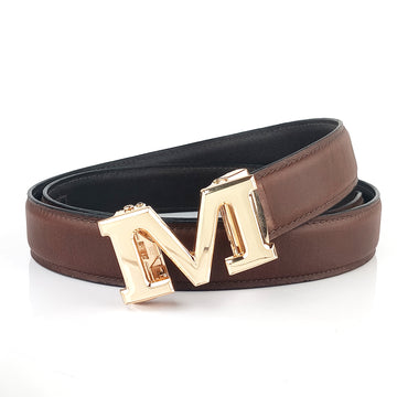 Hemener Men M  Letter Metal Auto Grip Buckle Brown Genuine Leather Belt