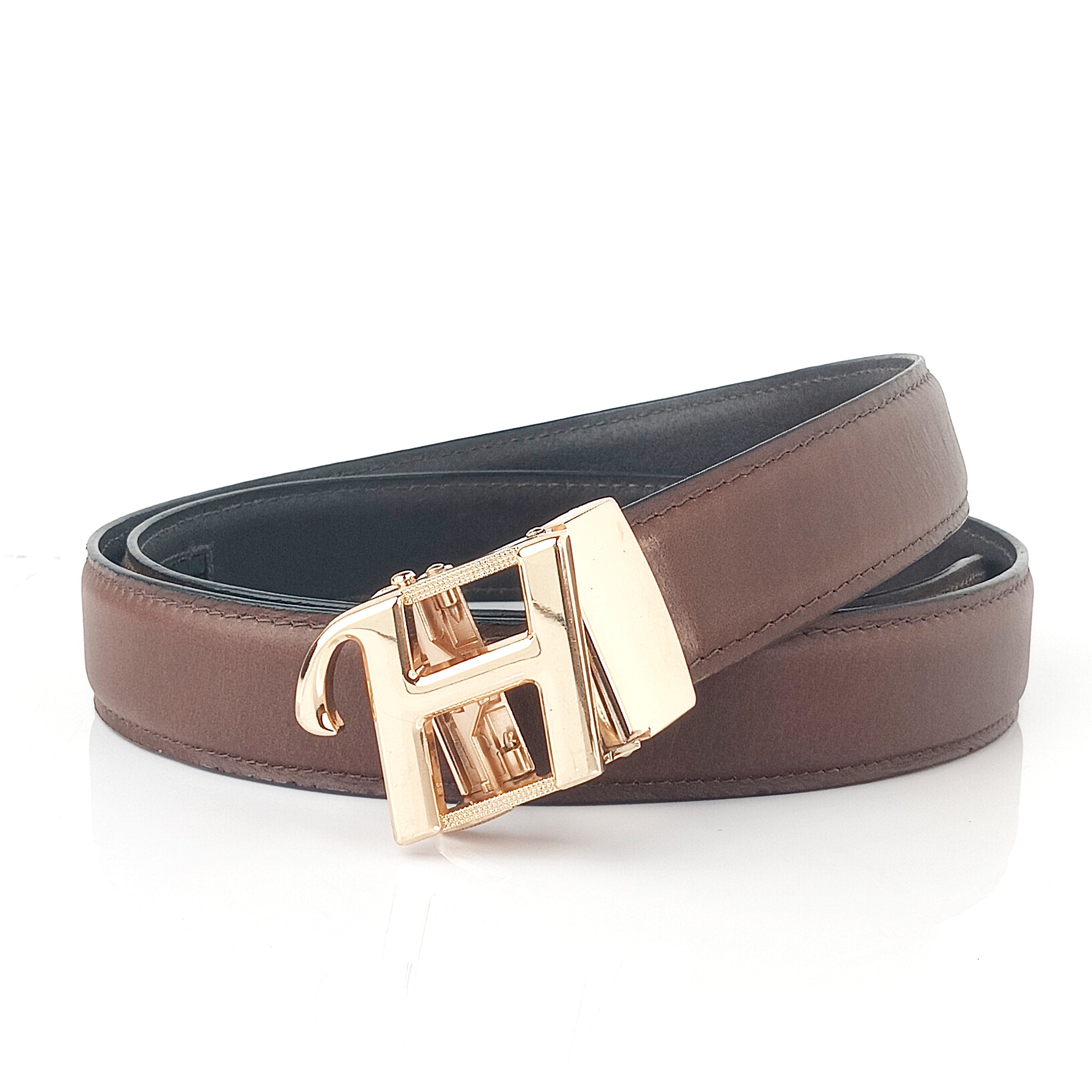 Hemener Men H  Letter Metal Auto Grip Buckle Brown Genuine Leather Belt