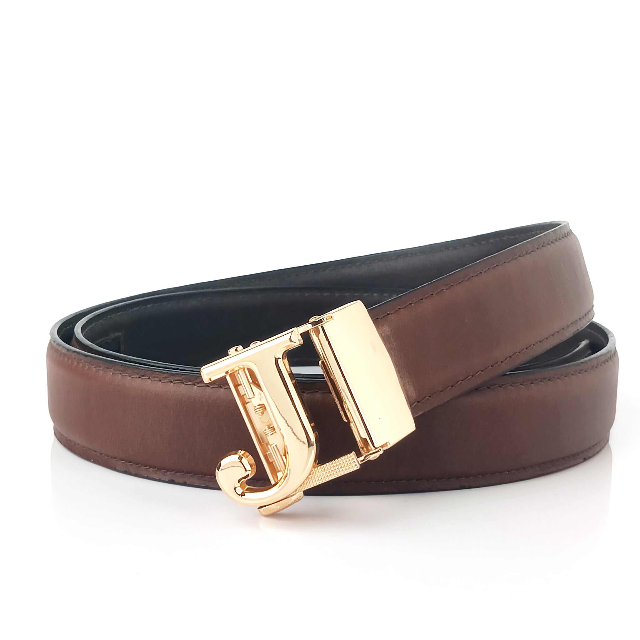 Hemener Men J  Letter Metal Auto Grip Buckle Brown Genuine Leather Belt