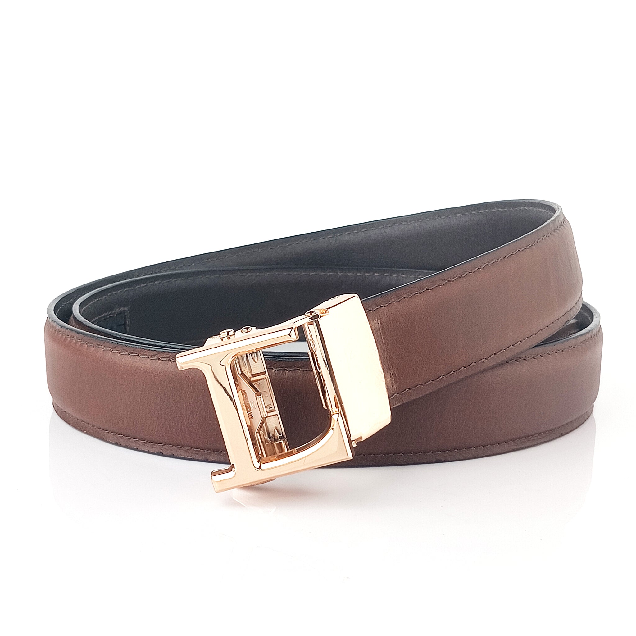 Hemener Men L  Letter Metal Auto Grip Buckle Brown Genuine Leather Belt