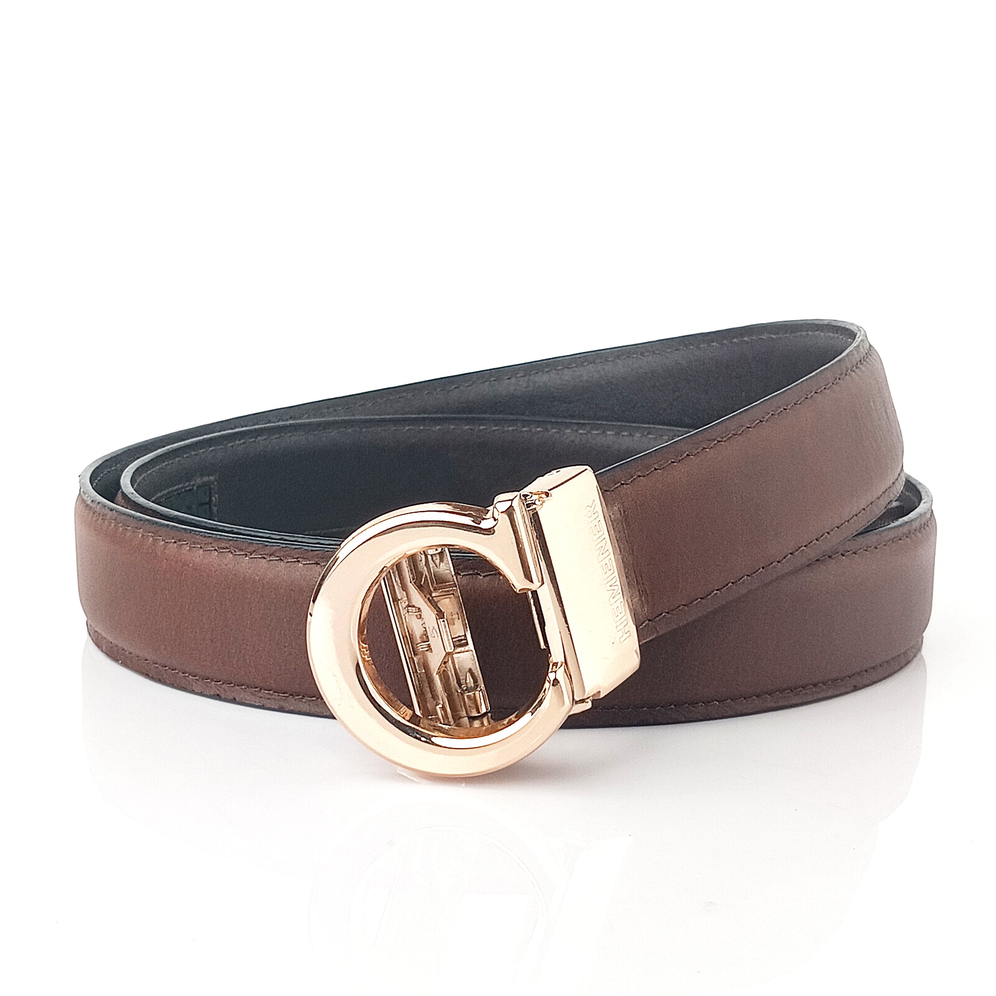 Hemener Men C  Letter Metal Auto Grip Buckle Brown Genuine Leather Belt