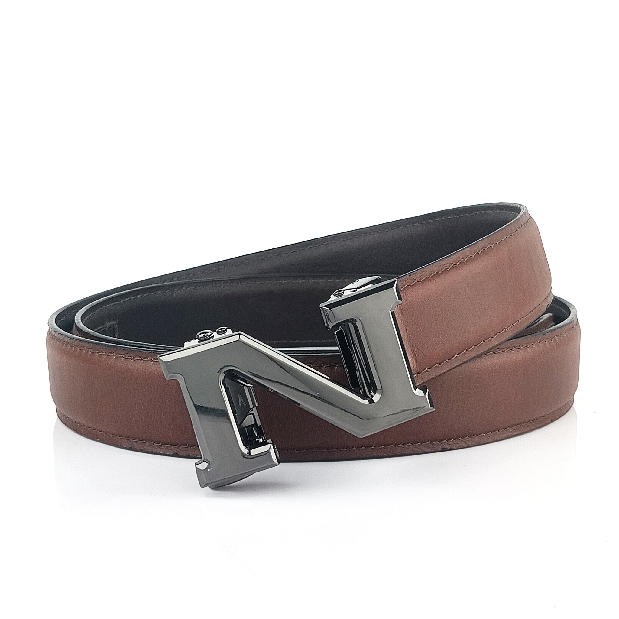 Hemener Men N  Letter Metal Auto Grip Buckle Brown Genuine Leather Belt