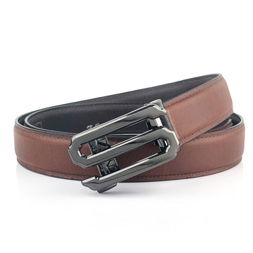 Hemener Men S  Letter Metal Auto Grip Buckle Brown Genuine Leather Belt