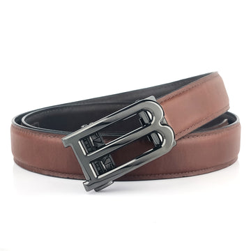 Hemener Men B  Letter Metal Auto Grip Buckle Brown Genuine Leather Belt