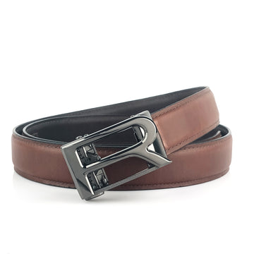 Hemener Men R  Letter Metal Auto Grip Buckle Brown Genuine Leather Belt