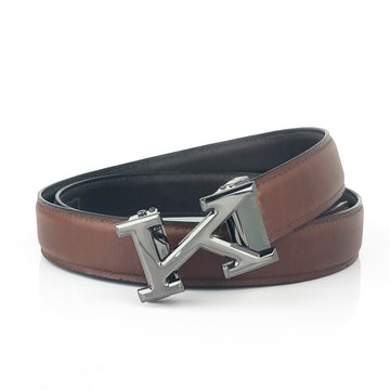 Hemener Men K  Letter Metal Auto Grip Buckle Brown Genuine Leather Belt