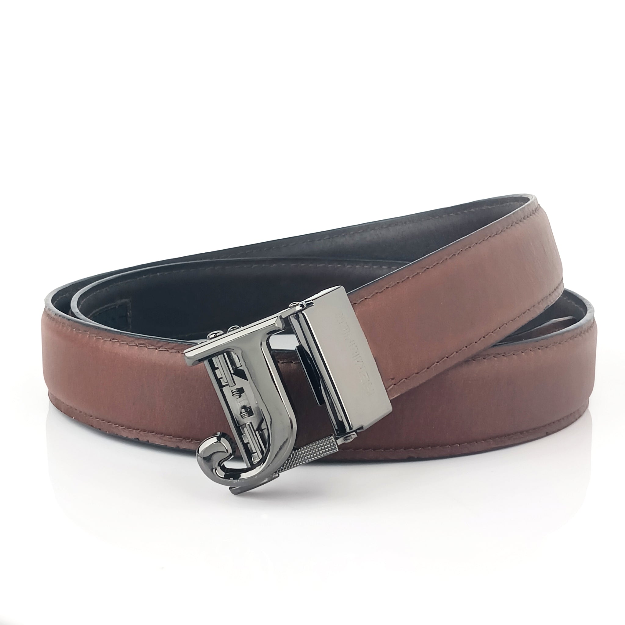 Hemener Men J  Letter Metal Auto Grip Buckle Brown Genuine Leather Belt