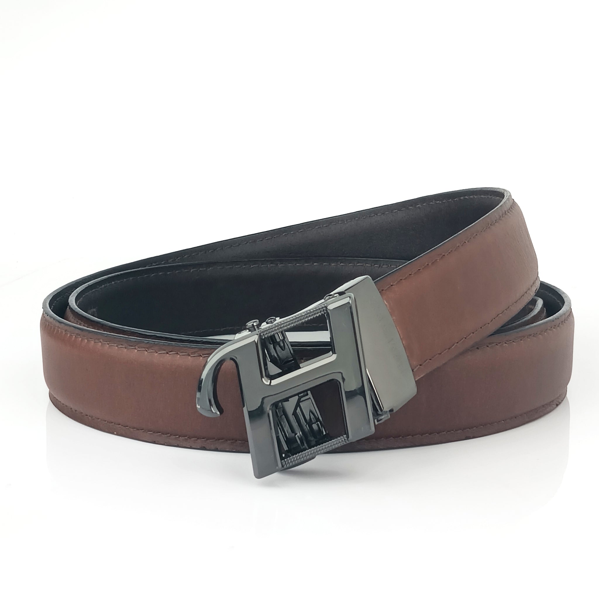 Hemener Men  H  Letter Metal Auto Grip Buckle Brown Genuine Leather Belt