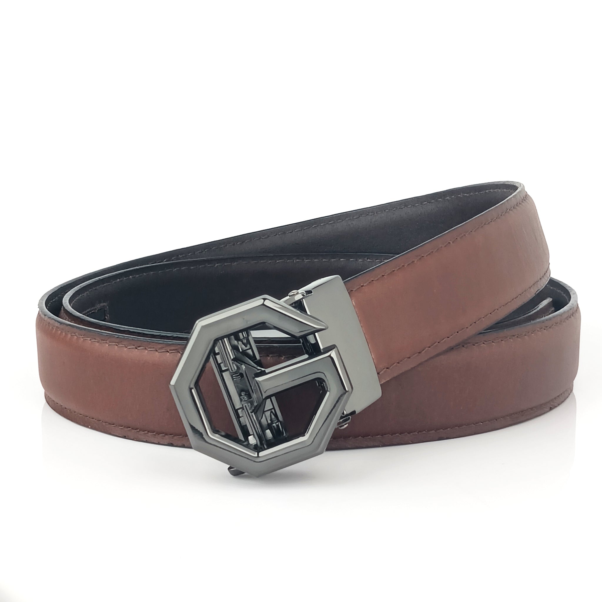 Hemener Men G  Letter Metal Auto Grip Buckle Brown Genuine Leather Belt