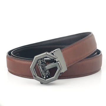 Hemener Men G  Letter Metal Auto Grip Buckle Brown Genuine Leather Belt