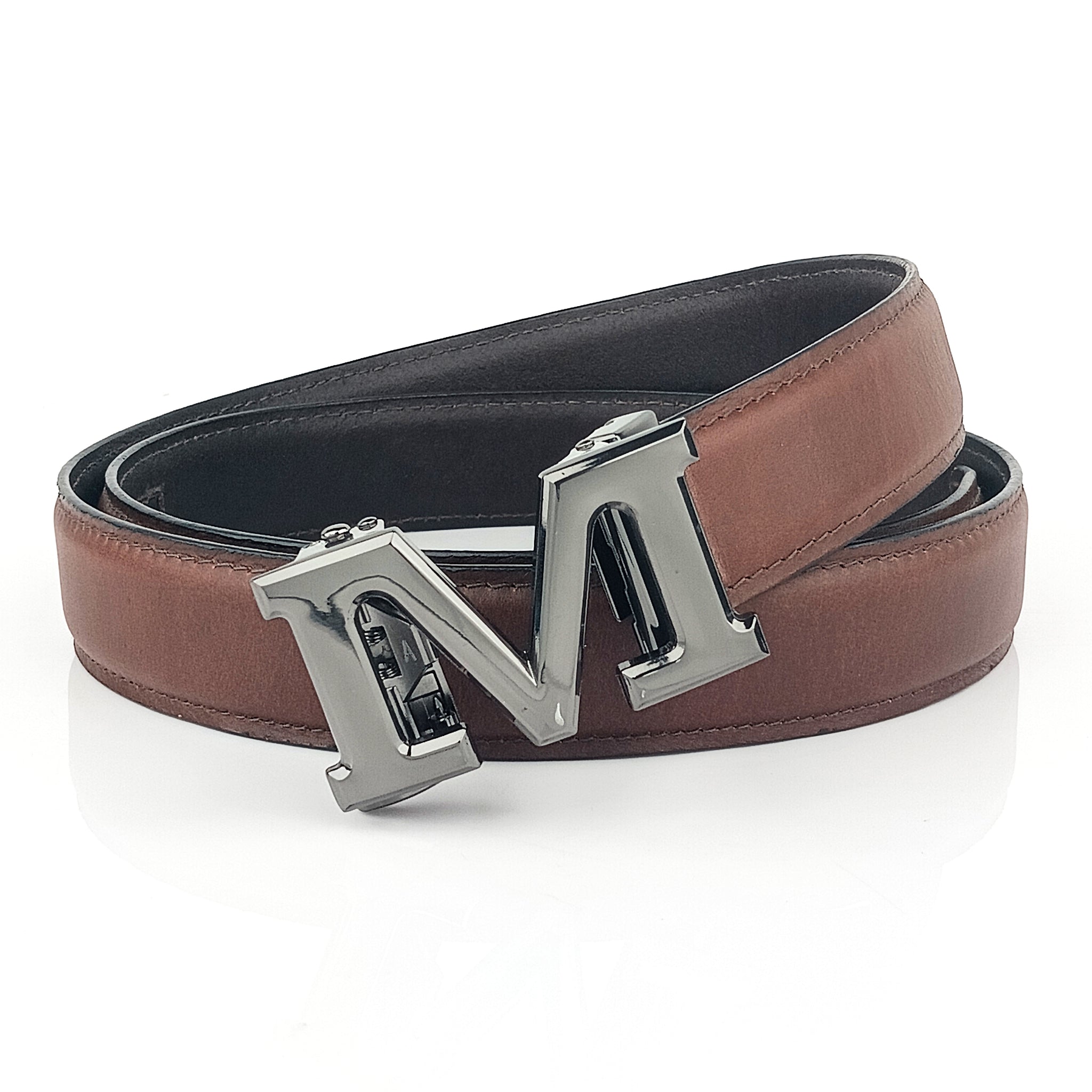 Hemener Men M  Letter Metal Auto Grip Buckle Brown Genuine Leather Belt