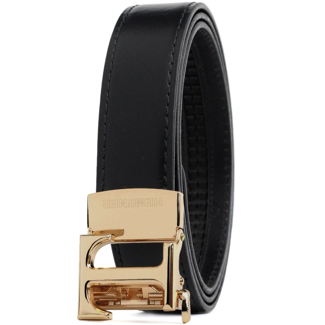 Hemener Men T Letter Metal Buckle Black Genuine Leather Belt