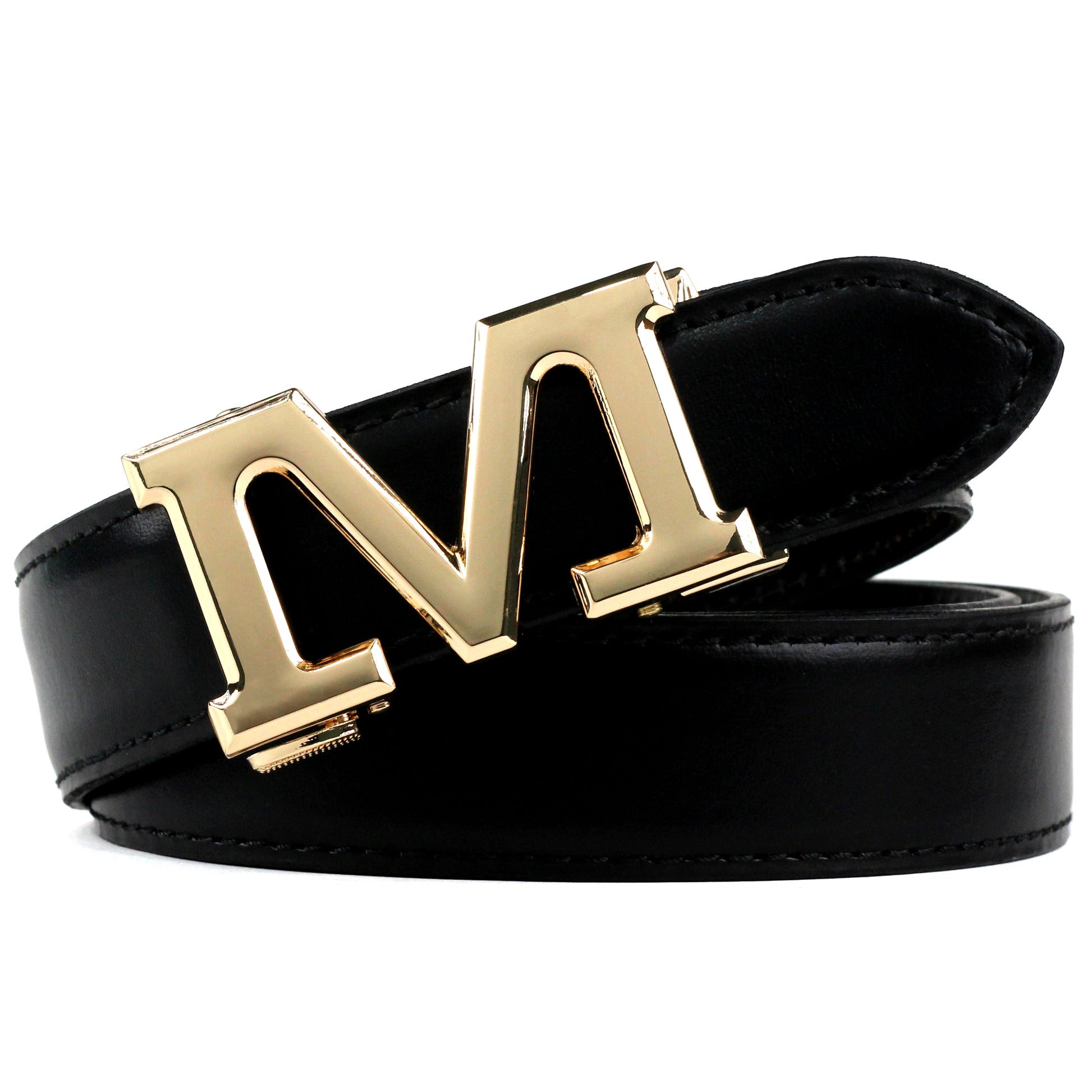 Hemener Men M Letter Metal Buckle Black Genuine Leather Belt