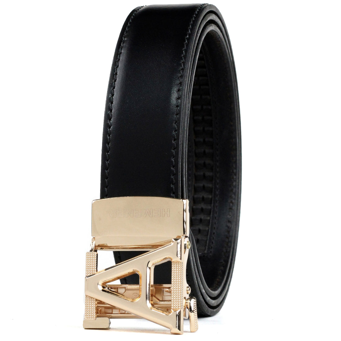 Hemener Men A Letter Metal Buckle Black Genuine Leather Belt