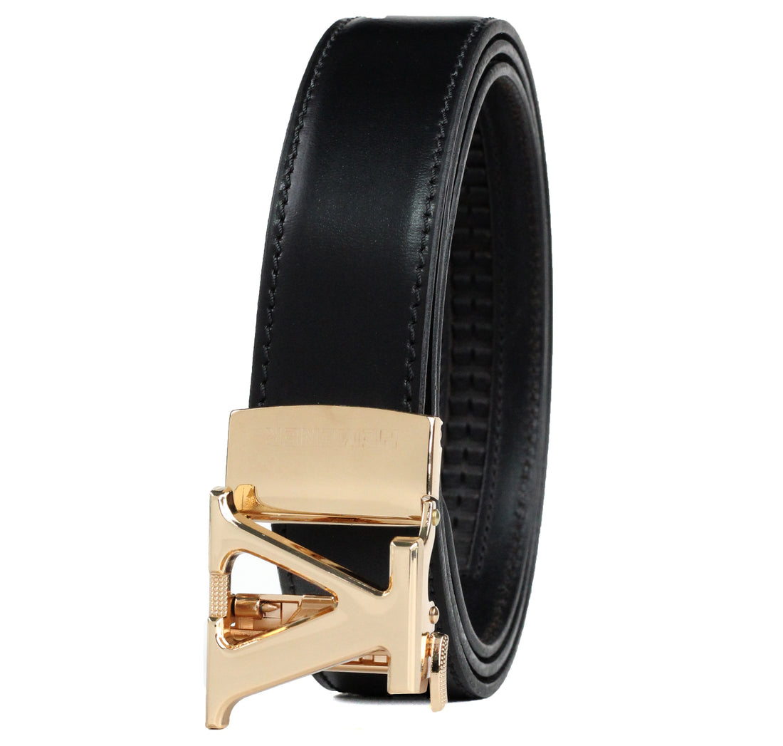 Hemener Men V Letter Metal Buckle Black Genuine Leather Belt