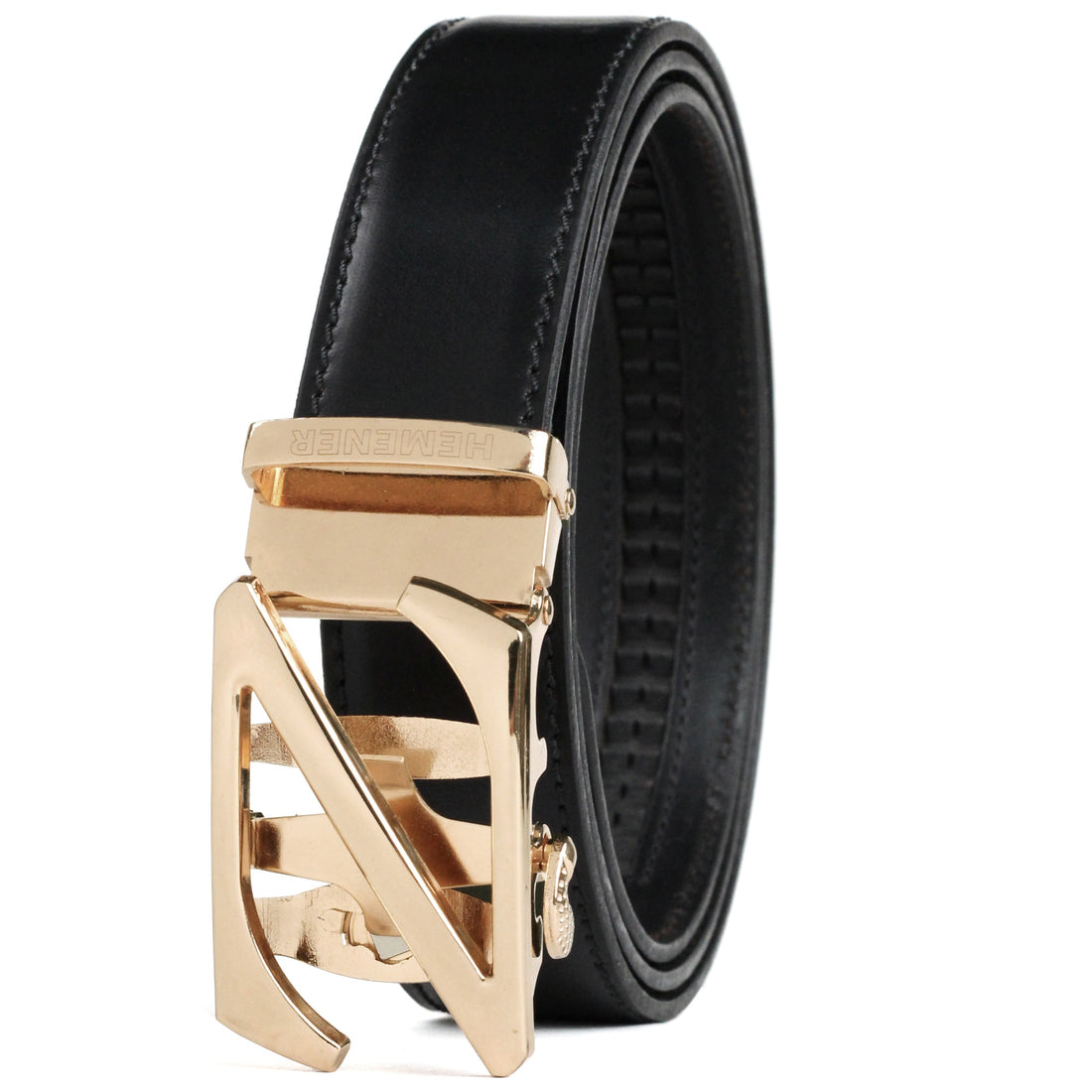 Hemener Men Z Letter Metal Buckle Black Genuine Leather Belt