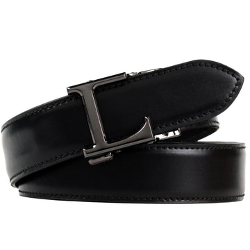 Hemener Men L Letter Metal Buckle Black Genuine Leather Belt