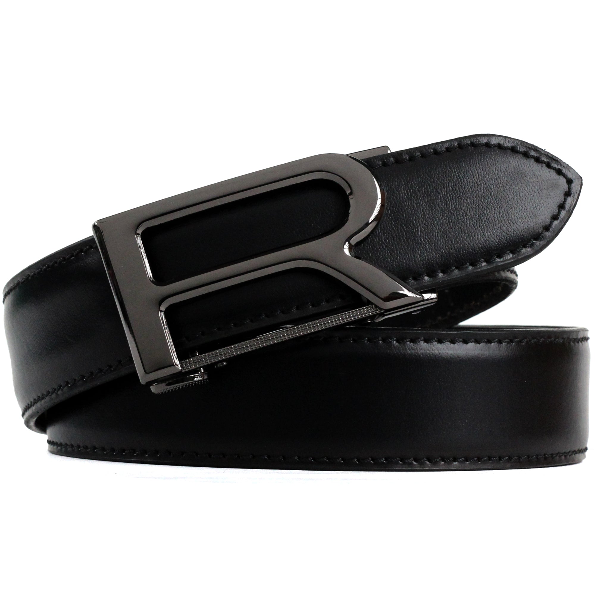Hemener Men R Letter Metal Buckle Black Genuine Leather Belt