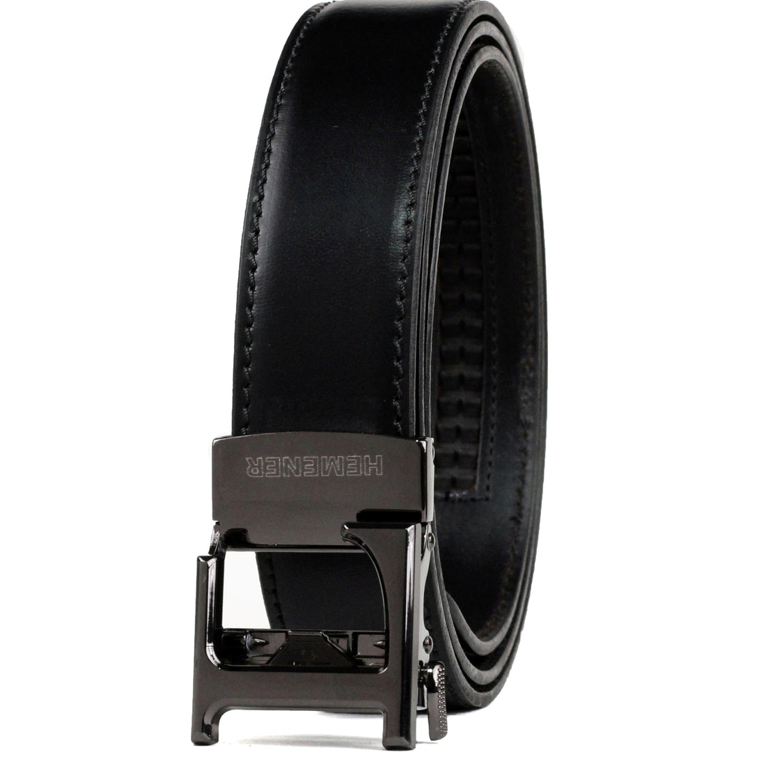 Hemener Men L Letter Metal Buckle Black Genuine Leather Belt