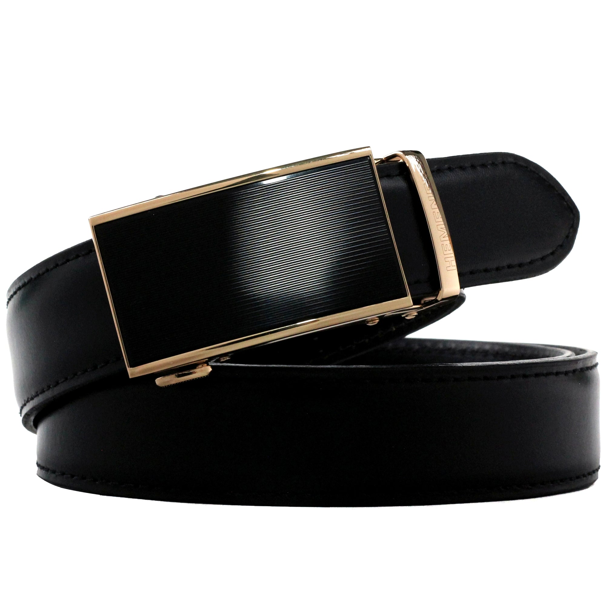 Hemener Men  Metal Buckle Black Genuine Leather Belt